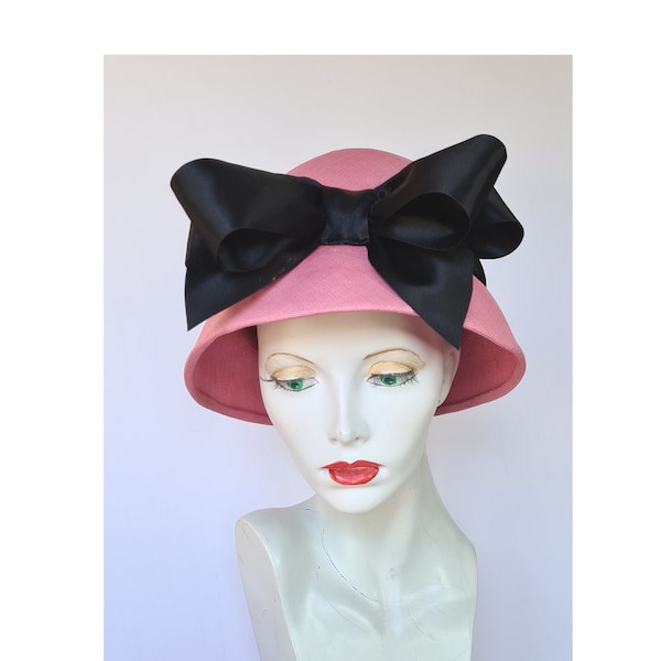Pink and black 60s style hat, vintage parasisal, with black ribbon large bows, summer, wedding, made in UK, Audrey styling