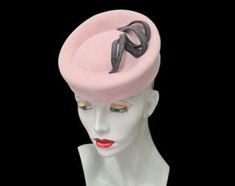 Pale baby pink pillbox hat,  percher, grey trim, elastic fixing, one size, made in UK