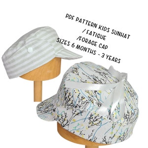 May include: Two children's sun hats, one with a striped pattern and the other with a floral pattern. The hats are both made of fabric and have a brim. The text on the image reads "PDF PATTERN KIDS SUNHAT / FATIGUE / FORAGE CAP SIZES 6 MONTHS - 3 YEARS".