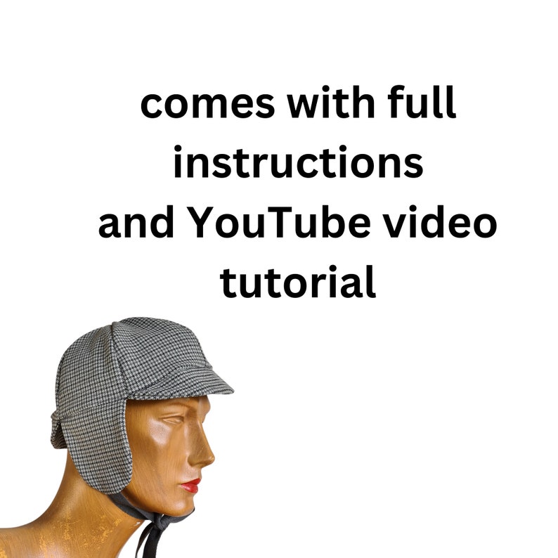 May include: A gray and black tweed hat with ear flaps. The hat is on a wooden mannequin head. The text "comes with full instructions and YouTube video tutorial" is above the hat.