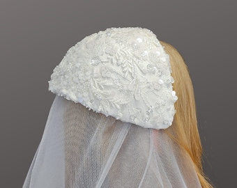 Bridal juliette cap, sequins, satin, beads, lace, handstitched, half hat, 50s styling, mid century wedding