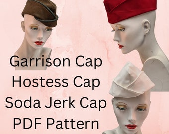 Garrison Cap. Hostess Hat. Soda Jerk cap. PDF hat pattern. 3 sizes,  2 brims. Download with Pictorial instructions, plus YouTube tutorial