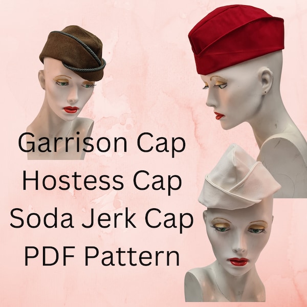 Garnizoen Kap. Gastvrouw hoed. Soda Jerk-dop. PDF-hoedpatroon. 3 maten, 2 randen. Downloaden met picturale instructies, plus YouTube-tutorial