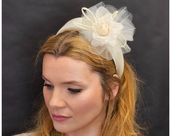 Ivory bridal satin padded headband, with vintage silk rose, net, neads and satin loops. One size