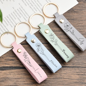 Birth Flower Leather Keychain,Gifts for Her,Birthday Anniversary Gift for Her,Birth Flower Gift with Name,Name Key chain,Bridesmaid Gifts
