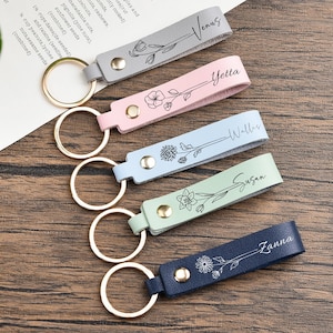 Personalized Birth Flower Keychain,Custom Name Keychain with Birth Flower,Leather Keyring,Gift for Women,Birthday Anniversary Gift for Her