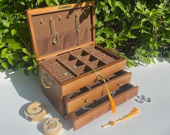 Large Wooden jewelry box. Wooden jewelry organizer with drawers lock and key. Wooden jewelry storage box. Premium Luxury fashion jewelry box