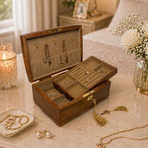 May include: A wooden jewelry box with an open top, revealing compartments lined with beige fabric. The box contains necklaces, bracelets, and rings. A small dish with a gold necklace and pearl earrings sits nearby. A key with a tassel hangs from the box.