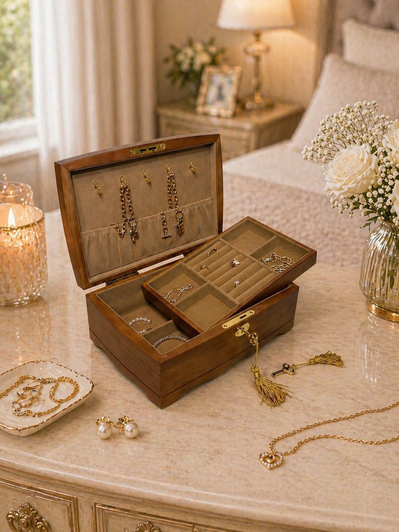 May include: A wooden jewelry box with an open top, revealing compartments lined with beige fabric. The box contains necklaces, bracelets, and rings. A small dish with a gold necklace and pearl earrings sits nearby. A key with a tassel hangs from the box.