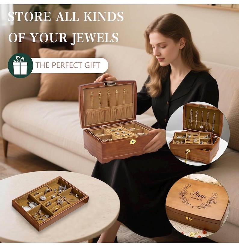 May include: A wooden jewelry box with multiple compartments and a soft, beige interior. The box is open, revealing various jewelry pieces. Text on the image reads: "STORE ALL KINDS OF YOUR JEWELS" and "THE PERFECT GIFT".