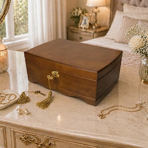 May include: A rectangular wooden jewelry box with a curved top and a gold-colored lock. The box is a warm brown color and sits on a marble-like surface. A key with a tassel hangs from the lock. A small dish with jewelry and a pair of pearl earrings are nearby.