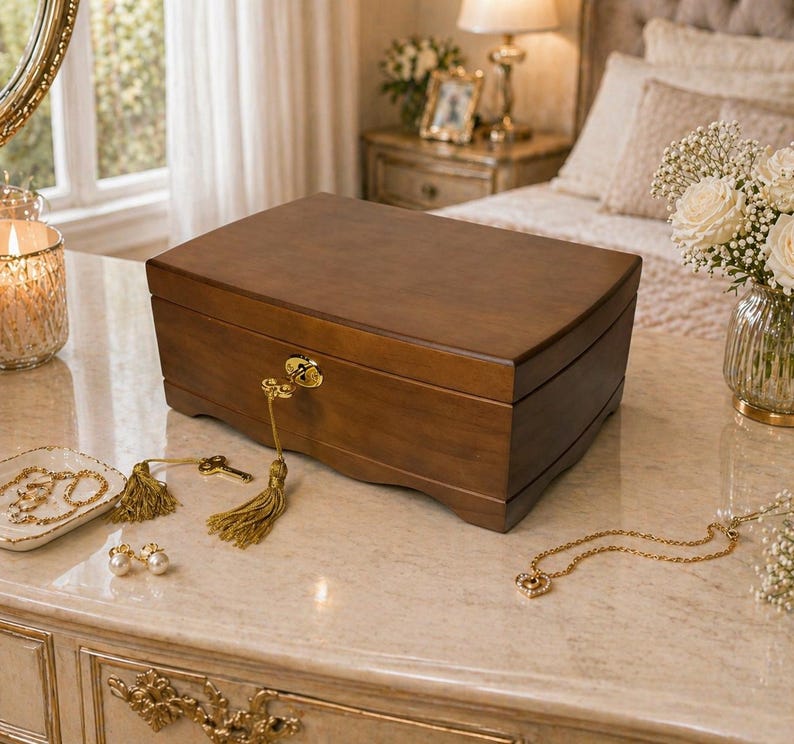 May include: A rectangular wooden jewelry box with a curved top and a gold-colored lock. The box is a warm brown color and sits on a marble-like surface. A key with a tassel hangs from the lock. A small dish with jewelry and a pair of pearl earrings are nearby.