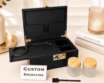 Personalized BLACK color bamboo stash storage box . custom engraved large bamboo box. Combination lock. Best holiday gift