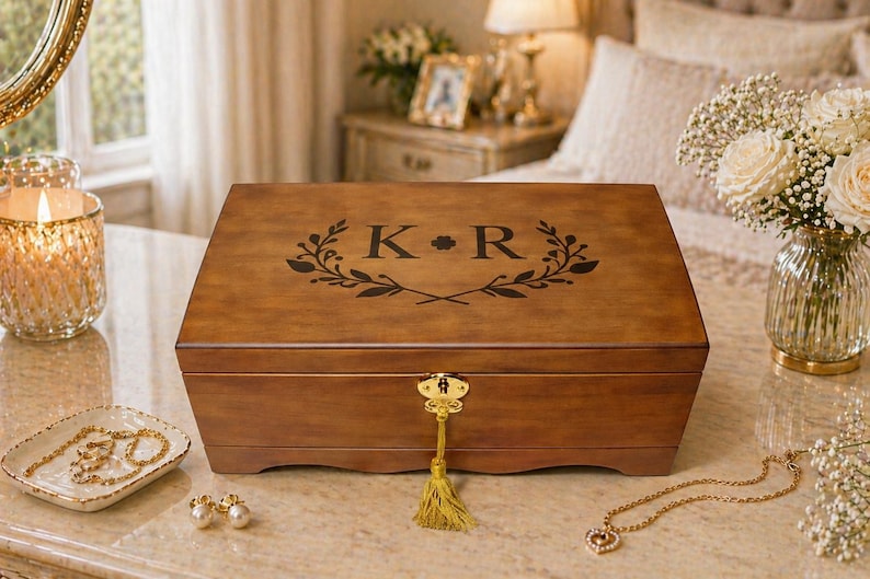 May include: A wooden jewelry box with a gold-colored tassel key. The box is brown with a decorative black floral design and the letters "K" and "R" on the lid. A small dish with jewelry and a candle are nearby.