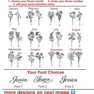 May include: A white graphic with floral illustrations for each month of the year, numbered 1 and 2. Below are font choices for personalization, with the name "Jessica" in three different styles. Text at the top says "choose your flower month", "chose your flower number", and "add your personalization name."