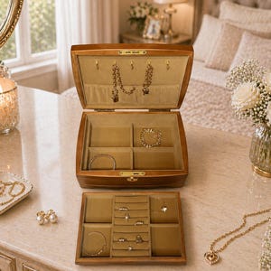 May include: A wooden jewelry box with an open lid, revealing compartments lined with beige fabric. The box contains gold necklaces, bracelets, and rings. A smaller tray with rings and bracelets sits below. The jewelry box is on a marble surface.