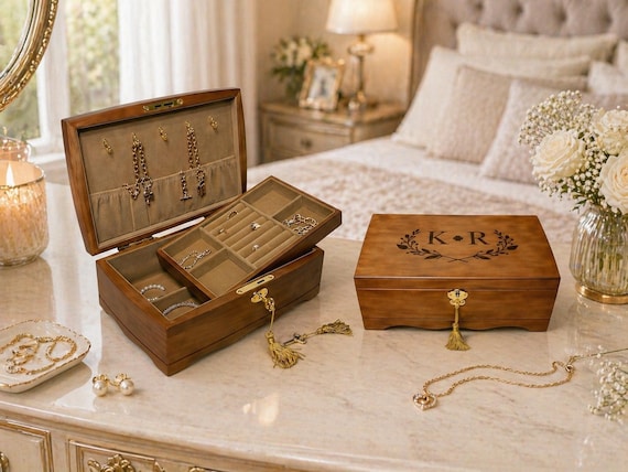 Personalized engraved Wooden Jewelry Box with Lock, Custom Engraved Jewelry Organizer, Luxury Jewelry Storage Case, best Gift for Her