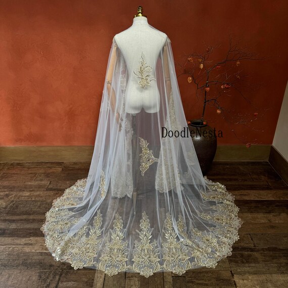 Gold Appliques Wedding Cape, Vintage Bridal Cape, Sequin  display picture 1