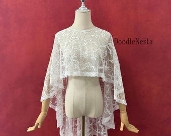 Velo de capa de encaje color marfil, capa de vestido de novia de hadas, soporte personalizado