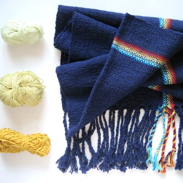 Navy Handwoven Scarf - cotton with rainbow detail titled 'Chakras in the Dark' Fall Accessory