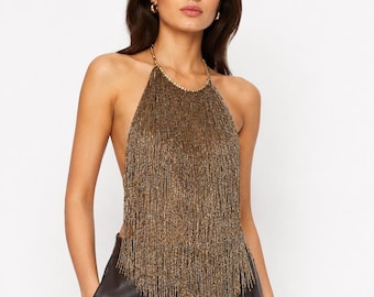 Top frente única com franjas bordadas à mão | Top de luxo com tassel