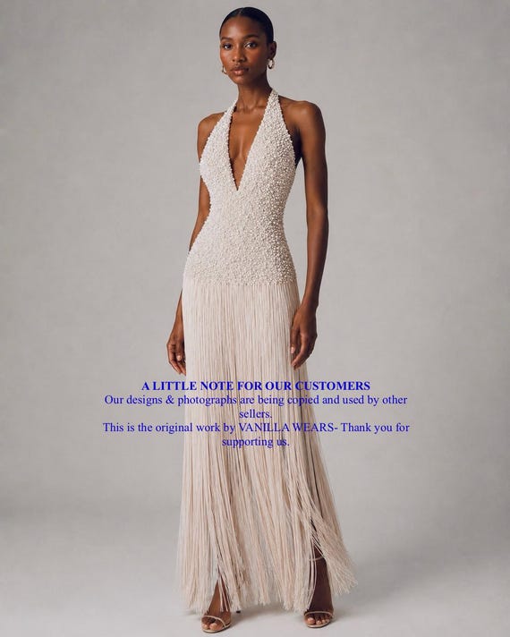 white beaded bridesmaid dresses Pearl Fringe Maxi Dress Jasmine