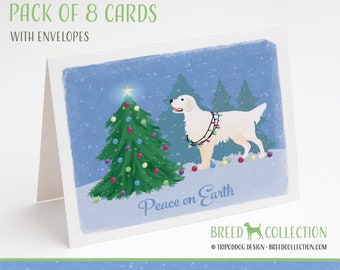 White Golden Retriever - Paquet de 8 cartes de correspondance avec enveloppes - Forêt de Noël