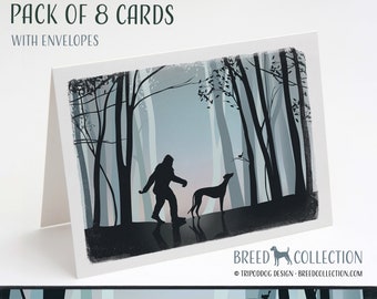 Greyhound and Bigfoot - Pack of 8 Note Cards with envelopes