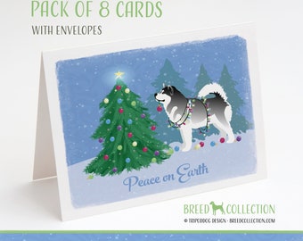 Malamute d'Alaska - Paquet de 8 cartes de correspondance avec enveloppes - Forêt de Noël