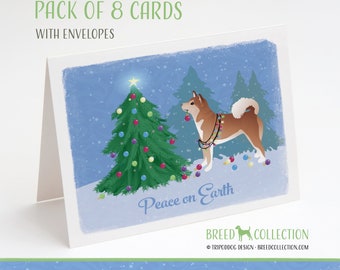 Shiba Inu rouge - Lot de 8 cartes avec enveloppes - Forêt de Noël