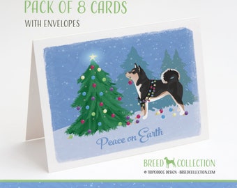 Shiba Inu tricolore - Paquet de 8 cartes de correspondance avec enveloppes - Forêt de Noël