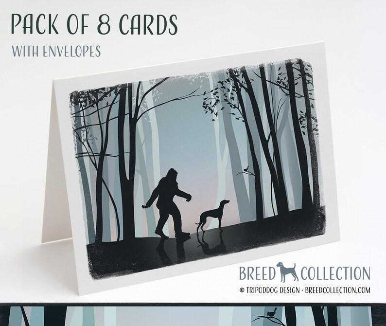 Whippet and Bigfoot Pack of 8 Note Cards with envelopes image 1