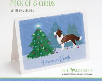 Brown Border Collie - Pack of 8 Note Cards with envelopes - Christmas Forest