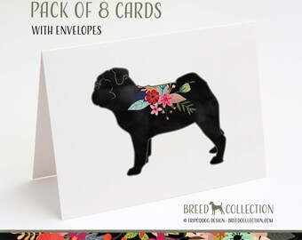 Pug - Pack of 8 Note Cards with envelopes - Boho Floral