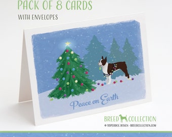 Brown Boston Terrier - Paquet de 8 cartes de correspondance avec enveloppes - Forêt de Noël
