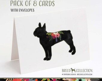 Boston Terrier - Lot de 8 cartes de correspondance avec enveloppes - Floral bohème