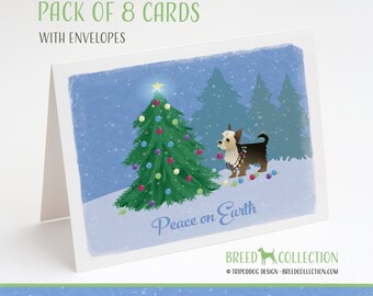 Yorkshire Terrier - Yorkie - Pack de 8 cartes de correspondance avec enveloppes - Forêt de Noël