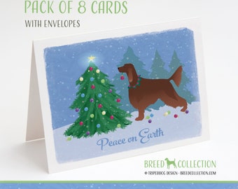 Setter irlandais - Pack de 8 cartes de correspondance avec enveloppes - Forêt de Noël