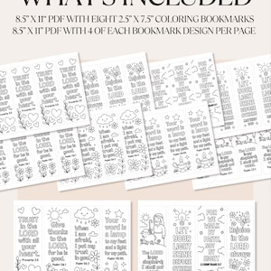 May include: A collection of printable coloring bookmarks with inspirational quotes and floral designs. The bookmarks are 2.5" x 7.5" and feature phrases like "Trust in the Lord" and "Let your light shine." The image also includes the text "What's Included".