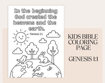 Genesis 1:1 Kids Coloring Page, Sunday School Bible Activity, VBS Homeschool Kids Bible Verse Coloring Sheet, Christian Faith Toddler