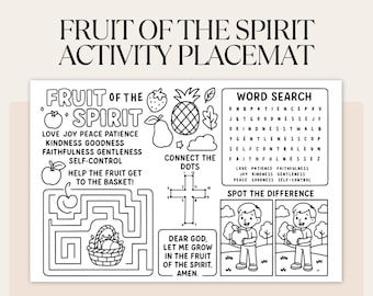 Fruit of the Spirit Bible Activity Placemat, Kids Sunday School Coloring Craft Printable Mat, Homeschool Fun Sheet, Christian Church Game