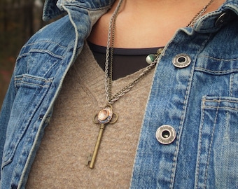 Mixe Media Key, Honey Comb Bead with Leather Cord Necklace