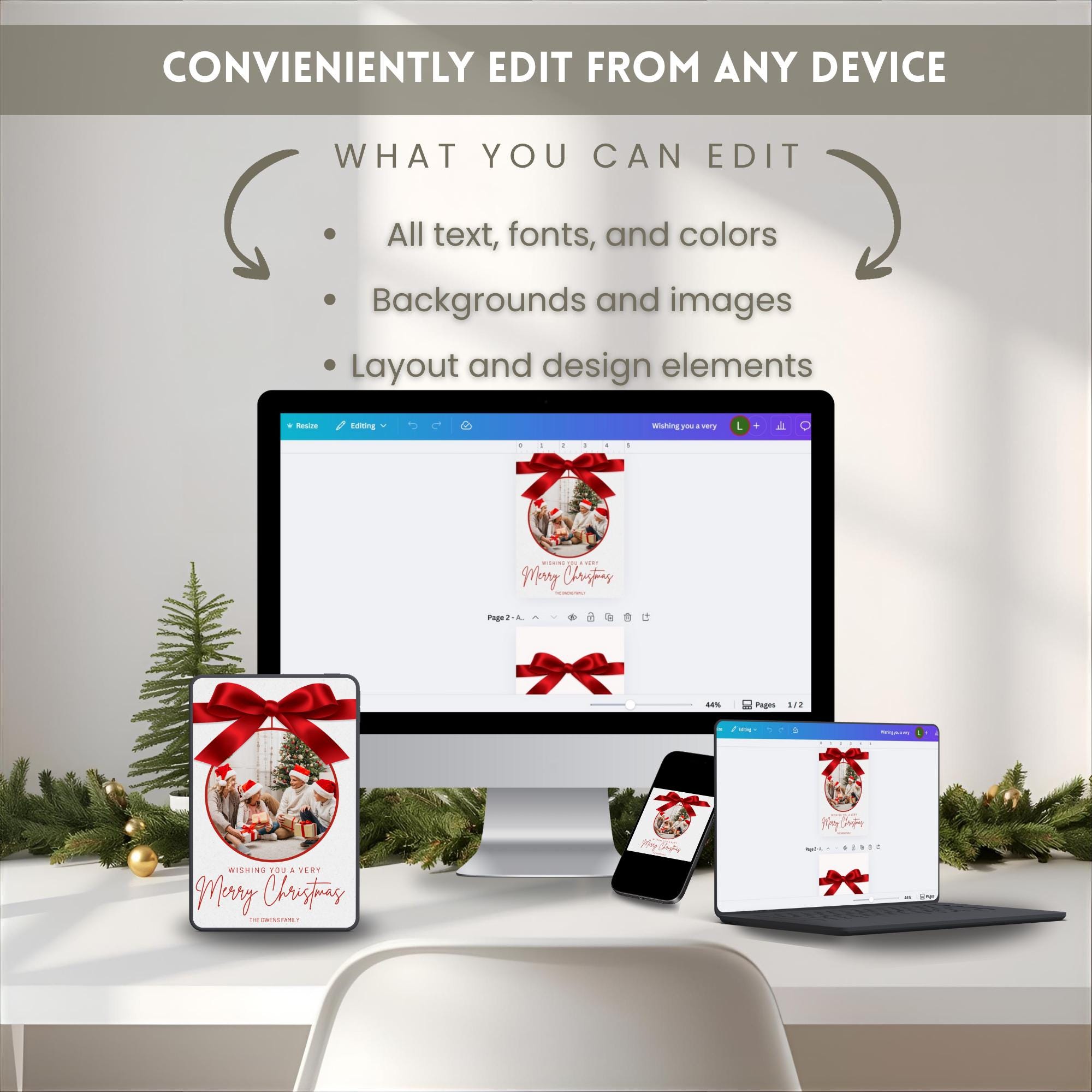 Editable Christmas Photo Card Template | Red Bow Holiday Card | Elegant ...