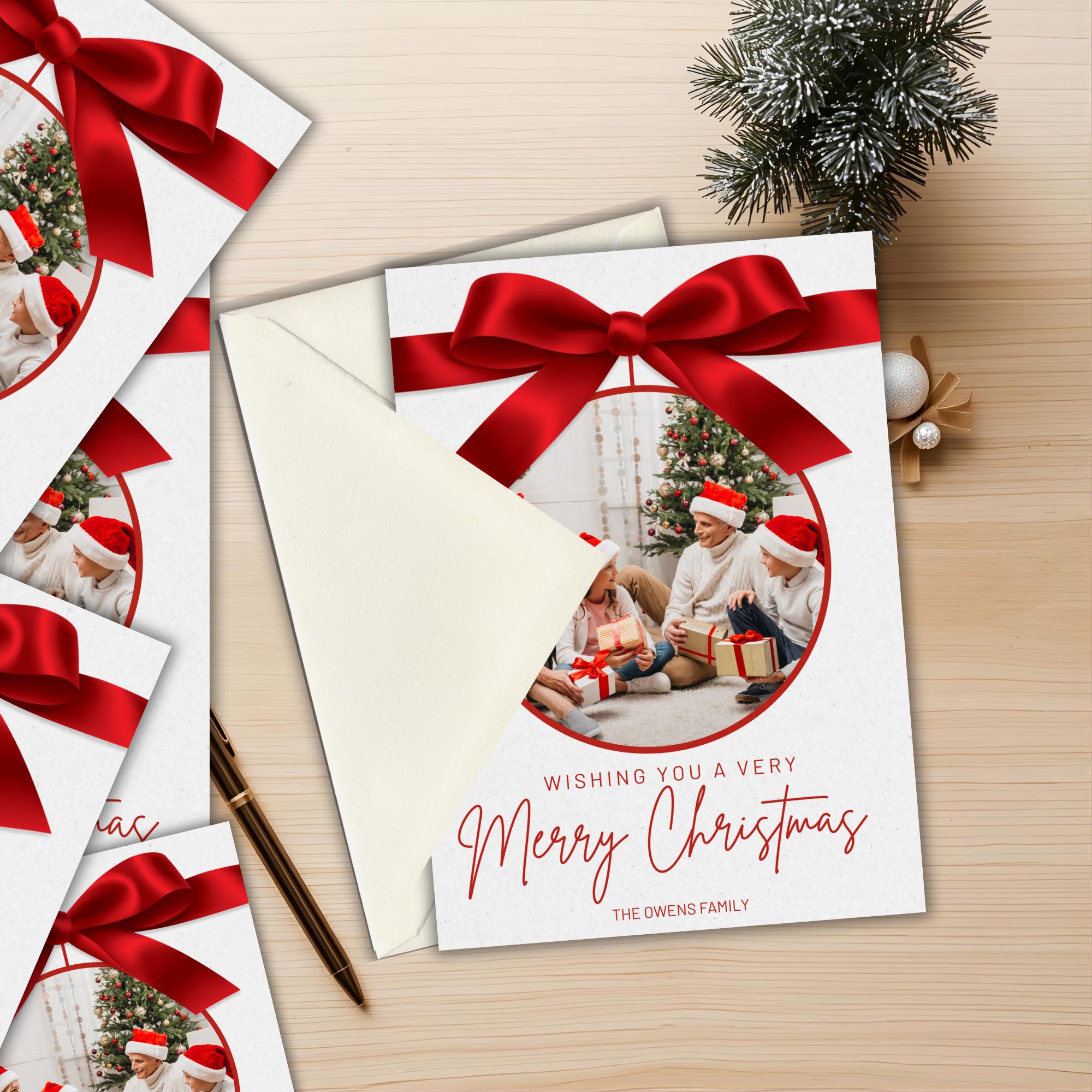 Editable Christmas Photo Card Template | Red Bow Holiday Card | Elegant ...