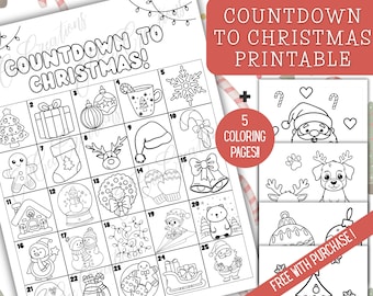 May include: A black and white printable Christmas countdown calendar with 25 numbered boxes, each containing a festive illustration. Includes a separate set of 5 coloring pages. Text reads "COUNTDOWN TO CHRISTMAS!" and "COUNTDOWN TO CHRISTMAS PRINTABLE".
