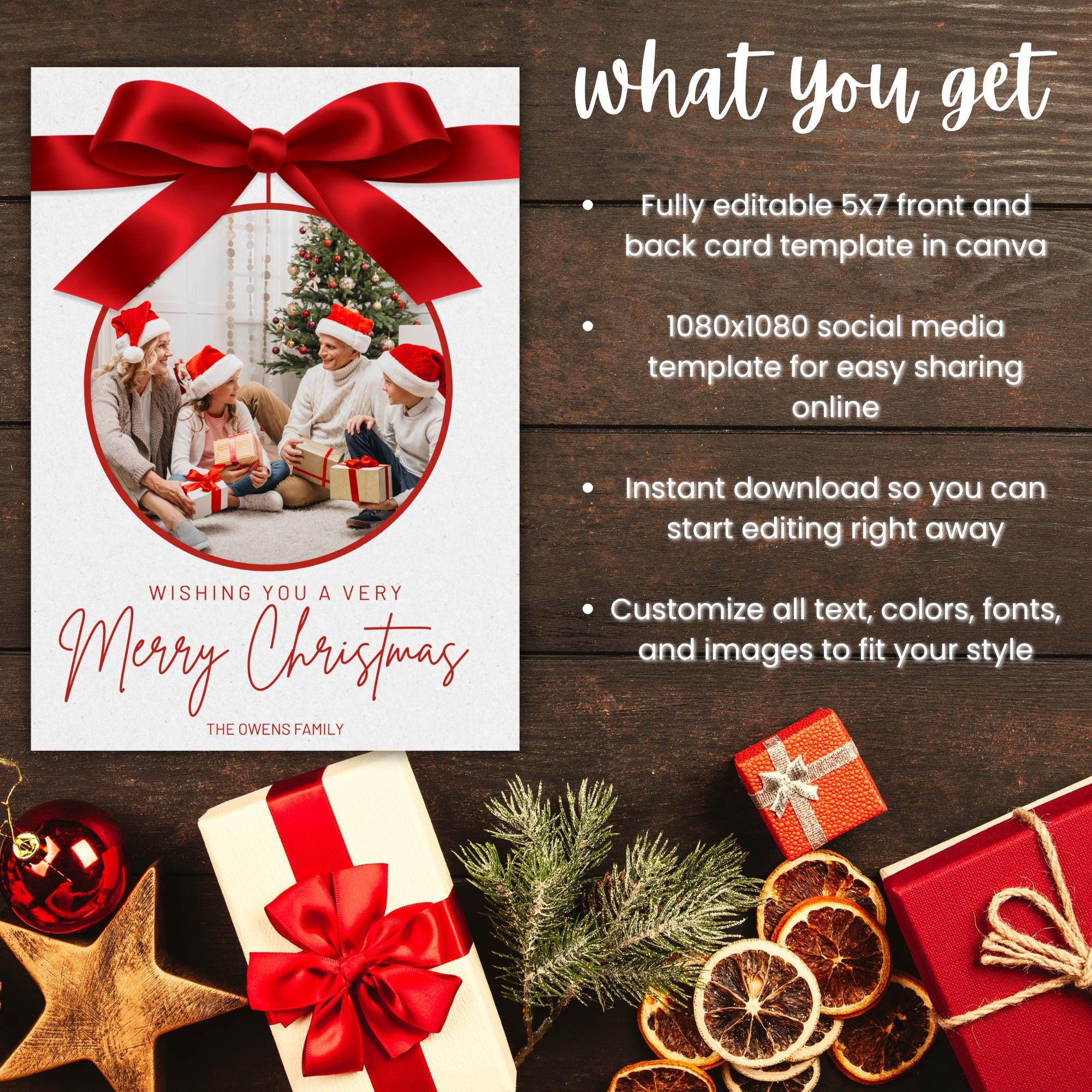 Editable Christmas Photo Card Template | Red Bow Holiday Card | Elegant ...