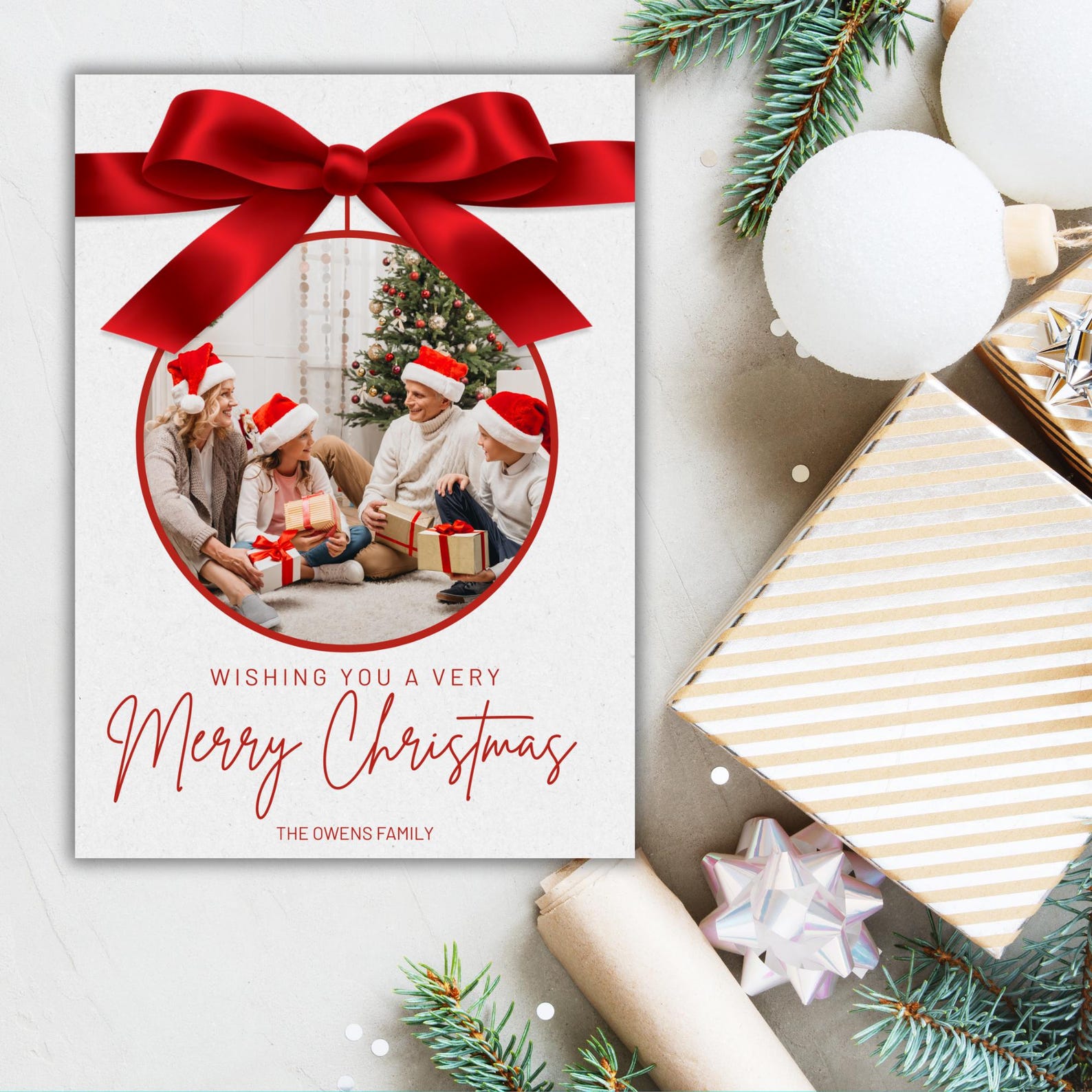 Editable Christmas Photo Card Template | Red Bow Holiday Card | Elegant ...