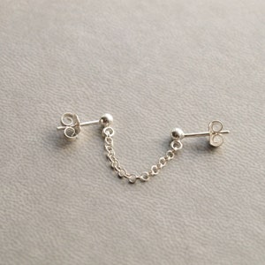 Sterling Silver Connector Chain Earring - Multi Piercing Earring - Double Chain Earring - Connected Studs - Double Lobe Piercing