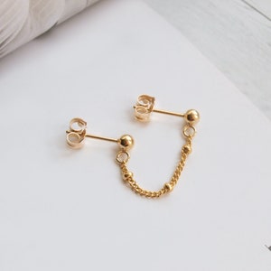 Double Stud Chain Earring Gold Filled, Connected Earrings For Double Piercing