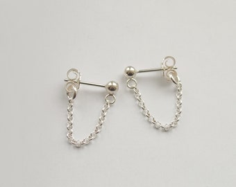 Sterling Silver Drop Chain Earrings, Dainty Short Dangle Studs, Simple Minimal Design